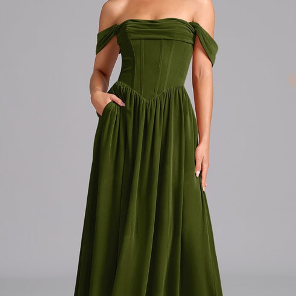 Azazie Olive Green Strapless Off-Shoulder Maxi Dress - Bridesmaid